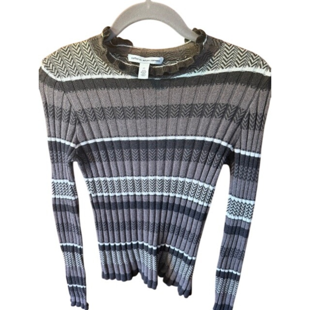 Cotton by Autumn Cashmere Ruffle Neck Ribbed Striped Sweater Brown Gray XS
